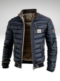 Close-up of quilted puffer jacket showing horizontal stitching and ribbed cuffs