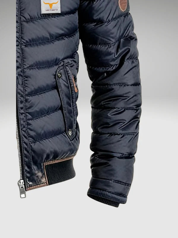 Side view of men's insulated jacket with zip pockets and structured fit