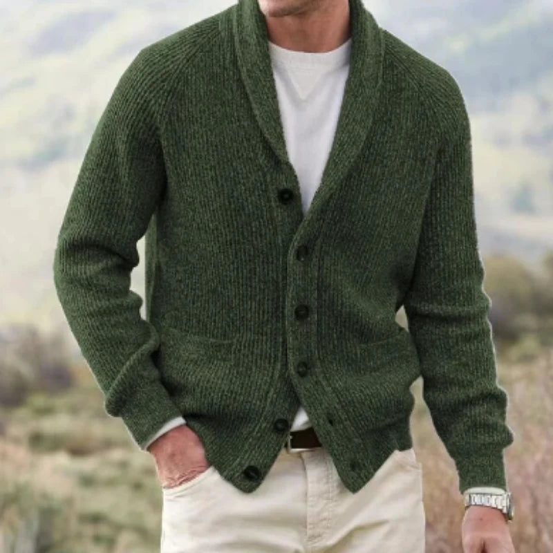 Men's shawl collar cardigan in grey layered over white T-shirt for relaxed styling