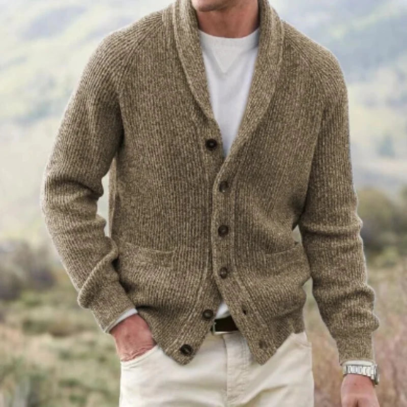 Side view of men's ribbed knit cardigan showing relaxed fit and structured knit texture