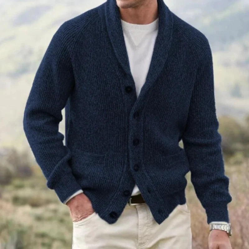 Men's button-front cardigan with patch pockets styled with chinos for smart-casual wear