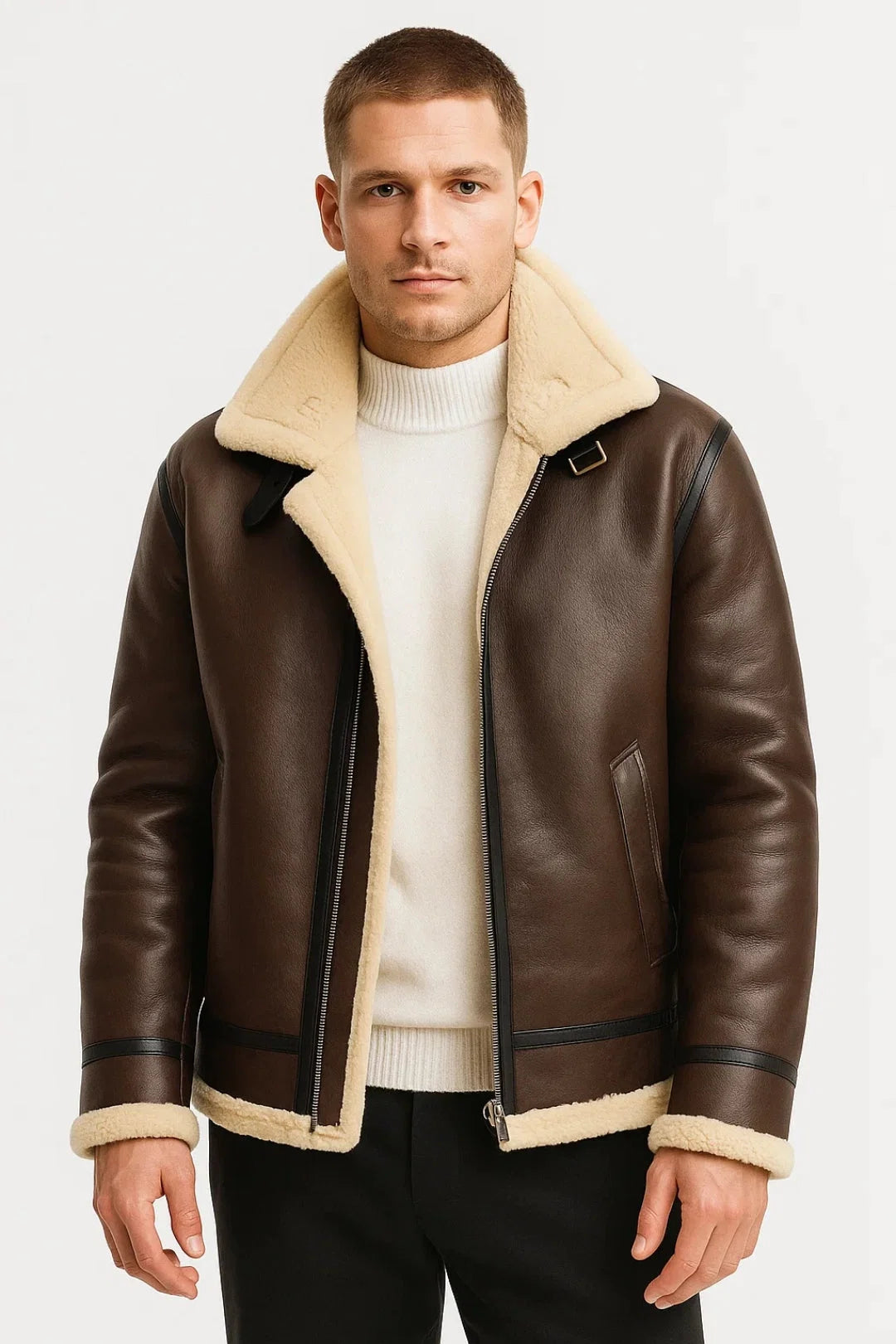 Men's shearling aviator jacket with oversized collar and zip-front closure in brown tone