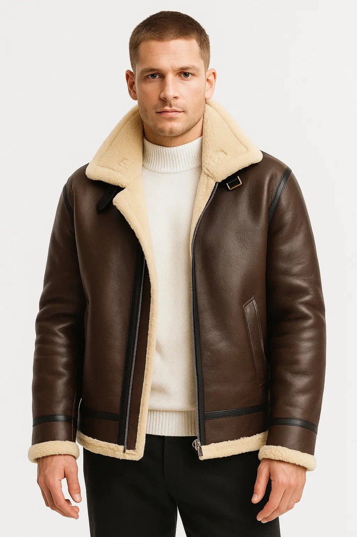 Men's shearling aviator jacket with oversized collar and zip-front closure in brown tone