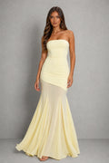 Close-up view of strapless neckline and fitted bodice on maxi dress