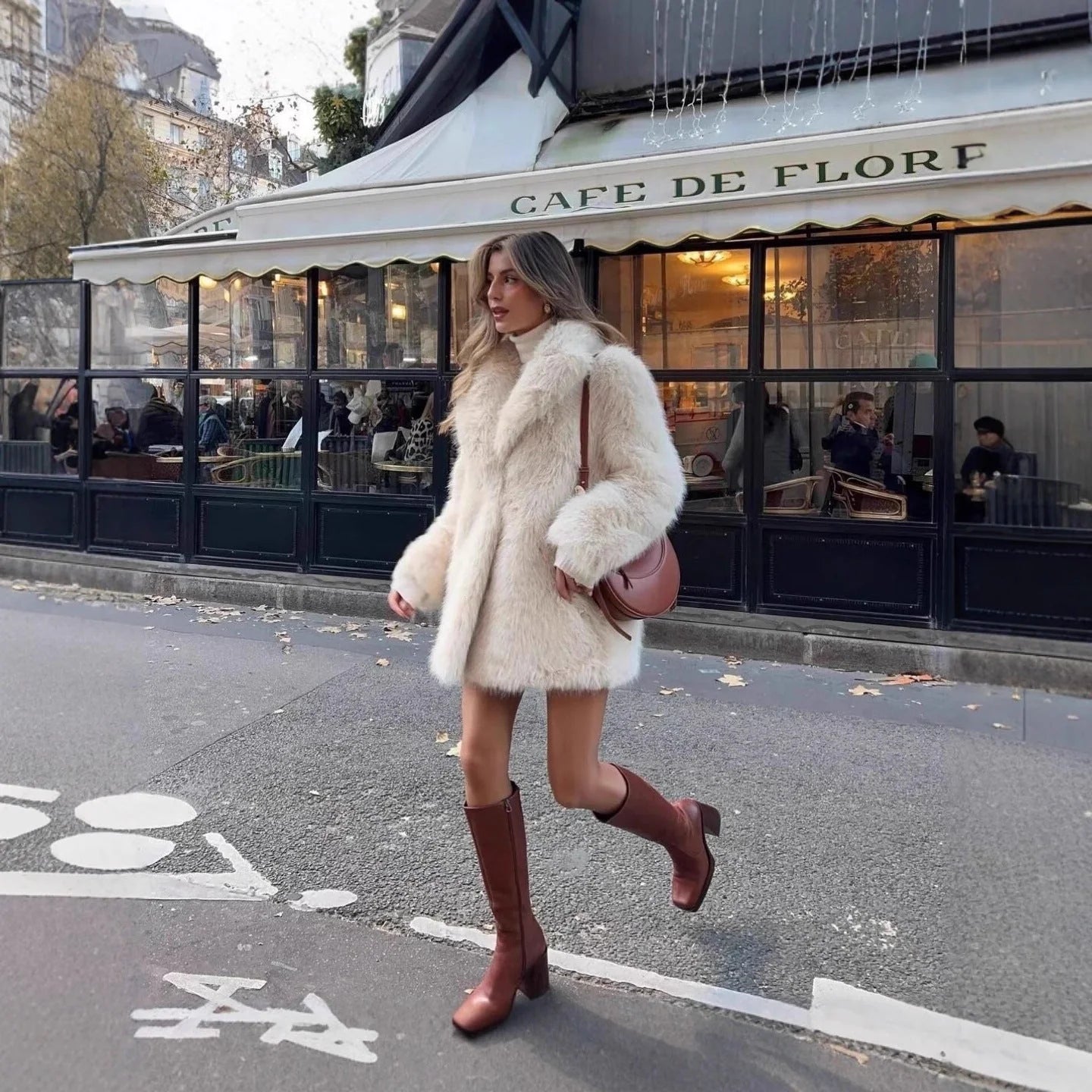 Open front faux fur coat featuring full-length sleeves and straight hemline in off-white shade