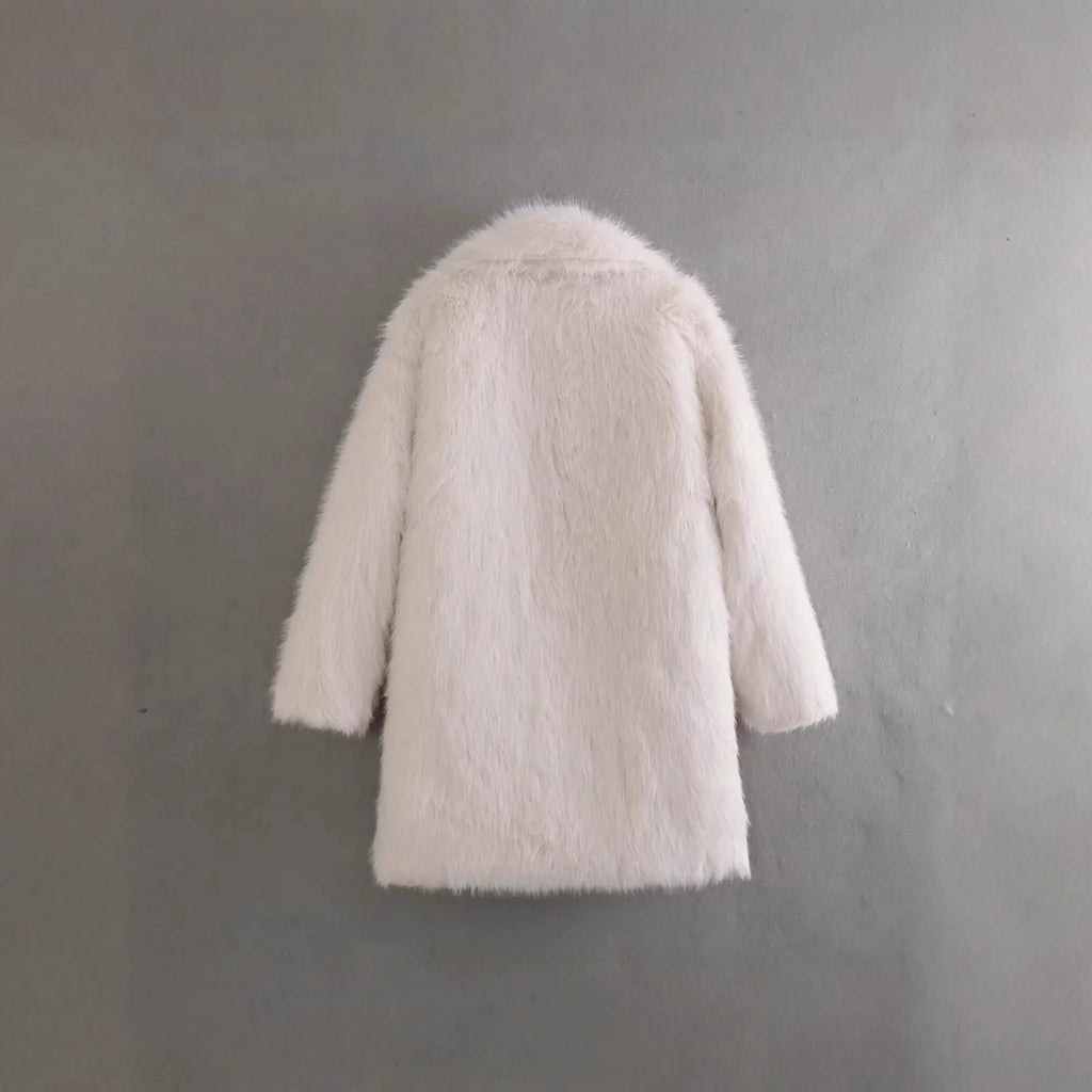 Women's textured faux fur coat with notched lapels and mid-length silhouette for winter styling