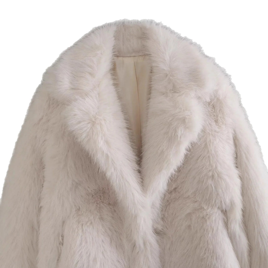 Off-white faux fur coat with open front design and plush texture for casual layering