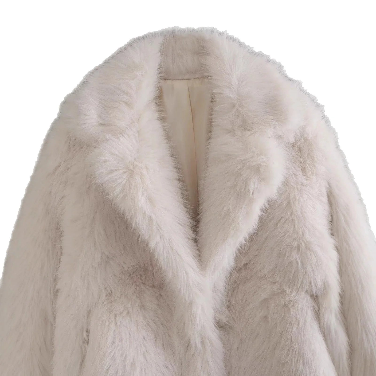 Off-white faux fur coat with open front design and plush texture for casual layering