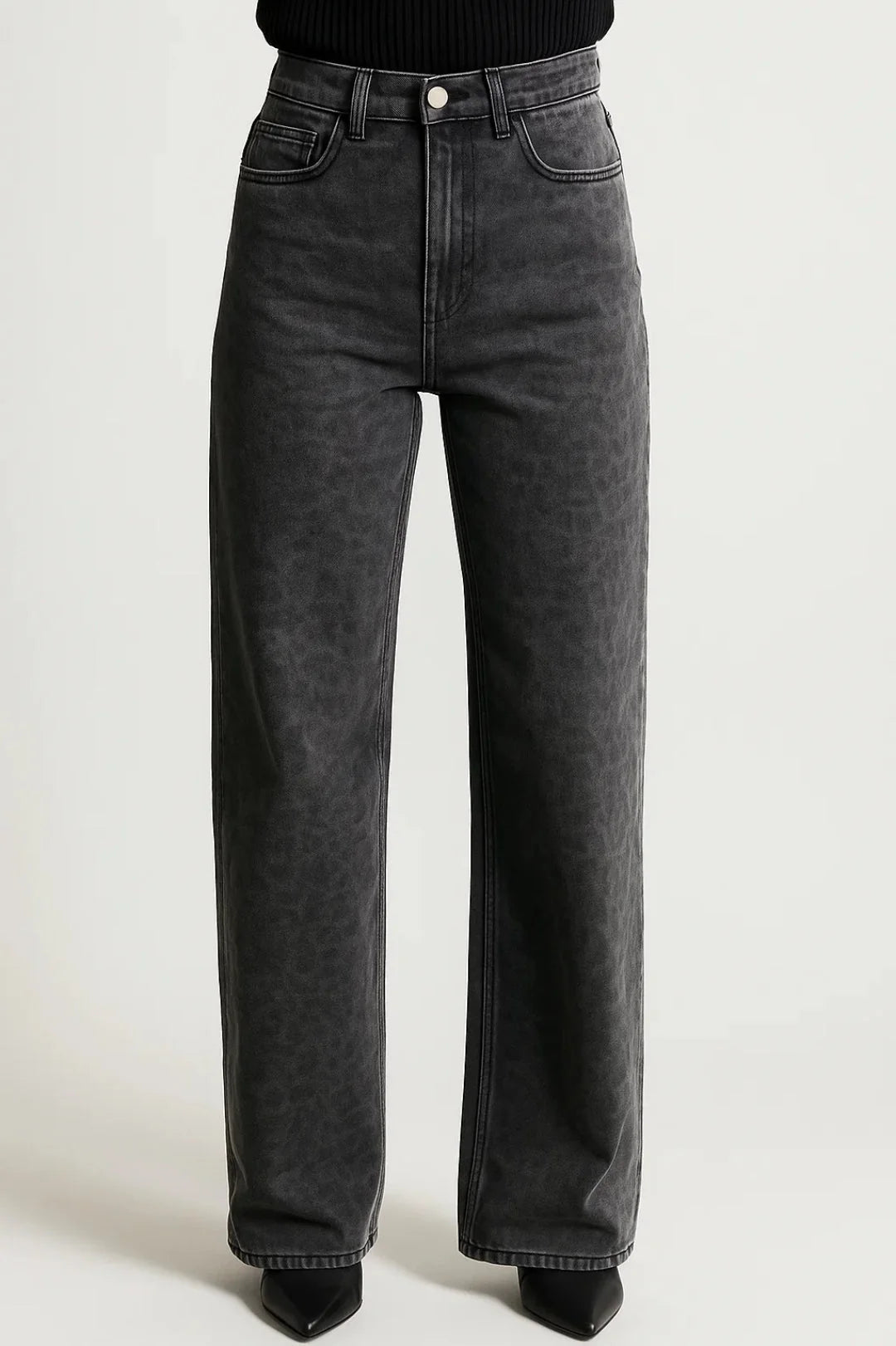 Women's high waist straight leg jeans in washed grey denim with classic five-pocket styling and full-length cut