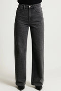 Women's high waist straight leg jeans in washed grey denim with classic five-pocket styling and full-length cut