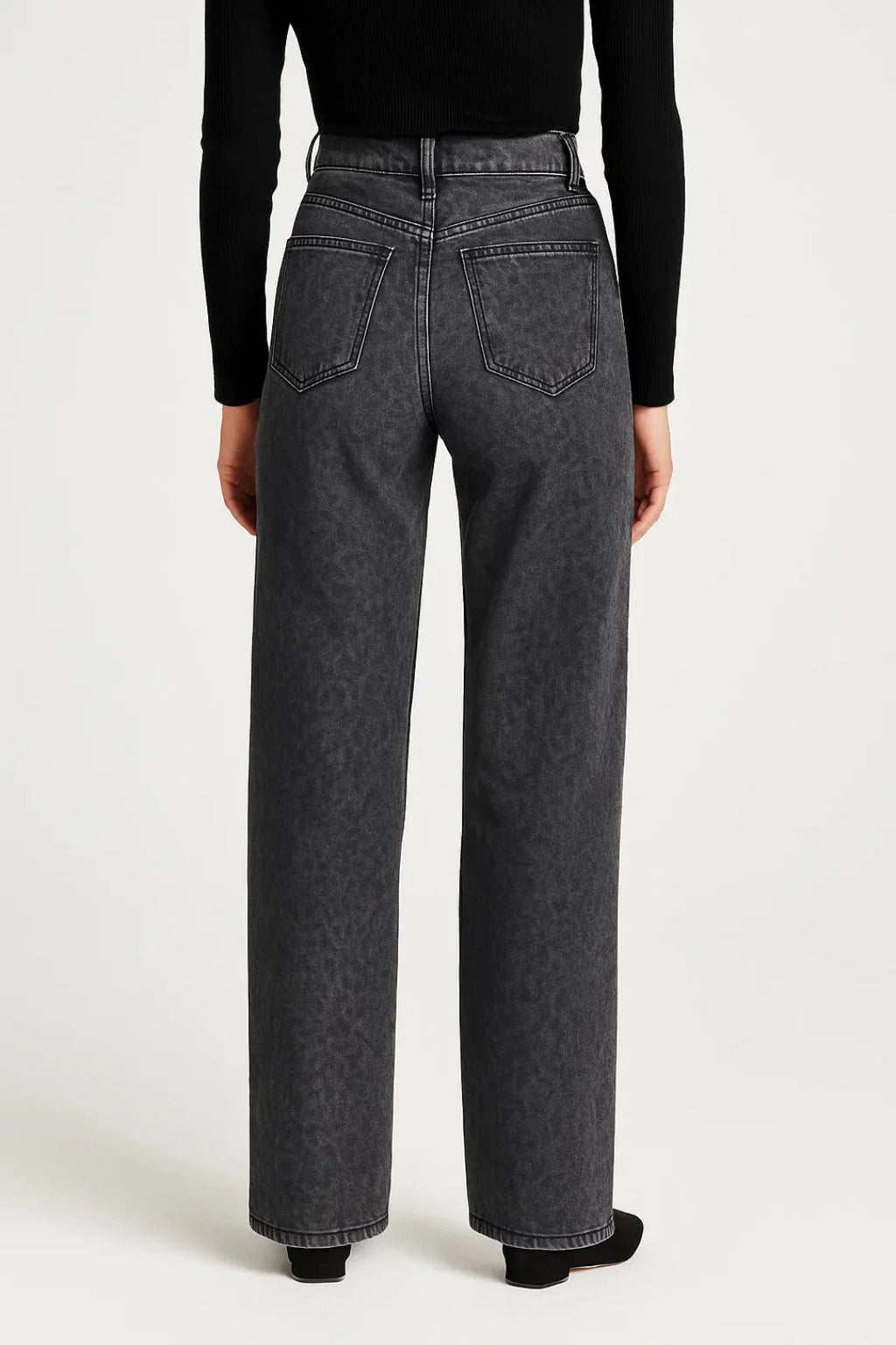 Front view of grey high waist straight leg jeans showing relaxed fit and contrast stitching detail