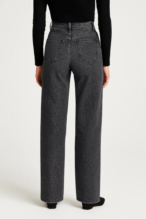 Front view of grey high waist straight leg jeans showing relaxed fit and contrast stitching detail