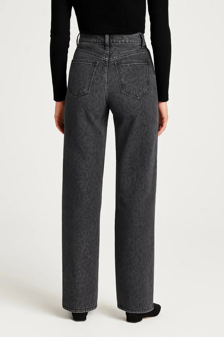 Front view of grey high waist straight leg jeans showing relaxed fit and contrast stitching detail