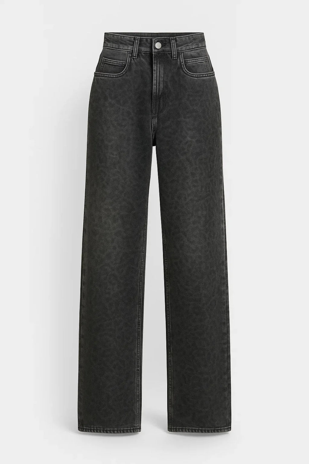 Side angle of women's straight leg jeans in washed grey denim with high rise waist and ankle-length hem