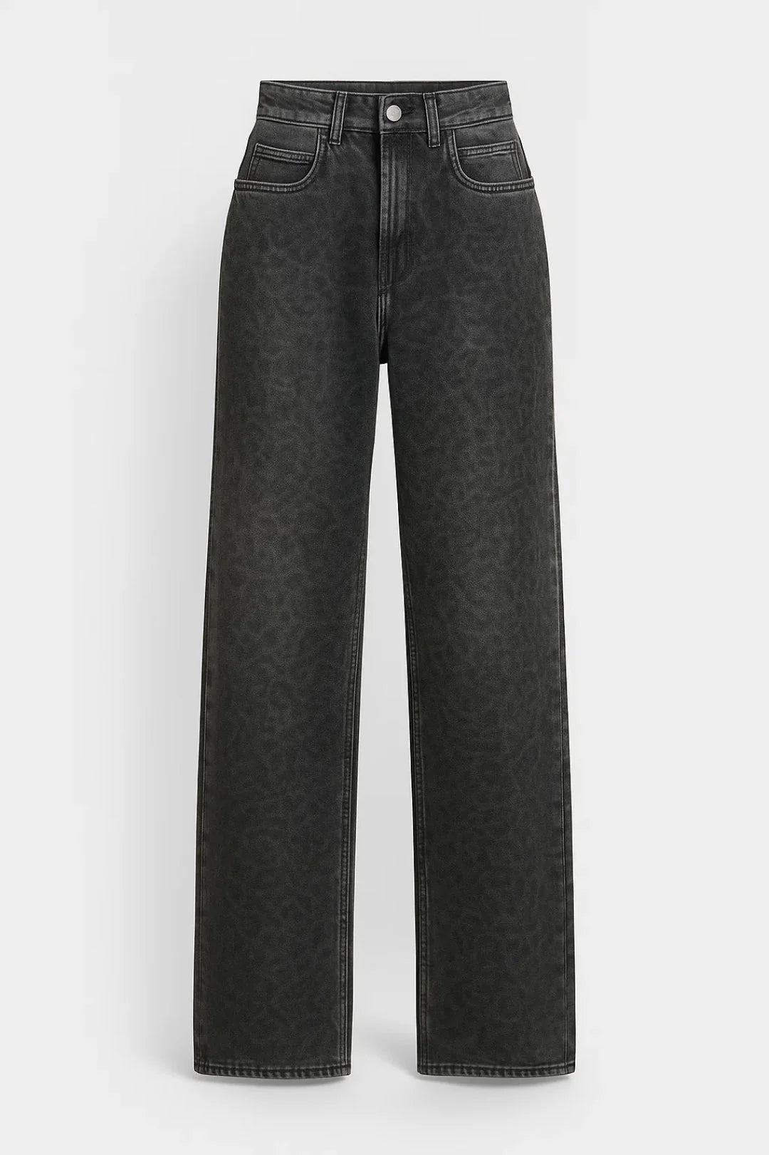 Side angle of women's straight leg jeans in washed grey denim with high rise waist and ankle-length hem