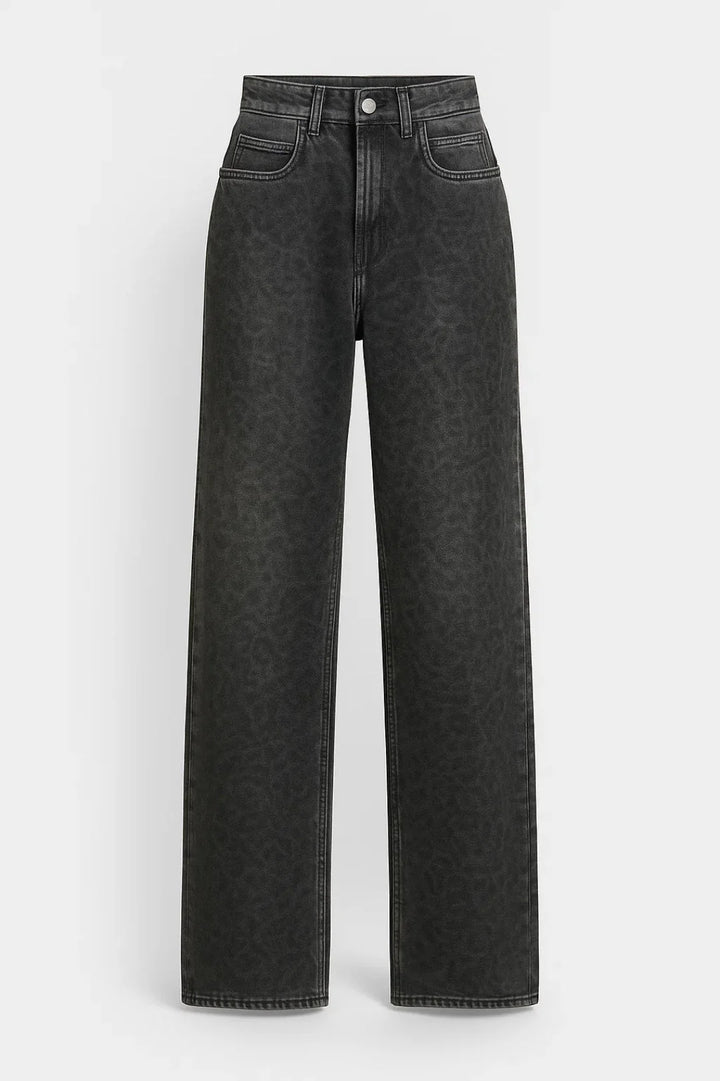 Side angle of women's straight leg jeans in washed grey denim with high rise waist and ankle-length hem