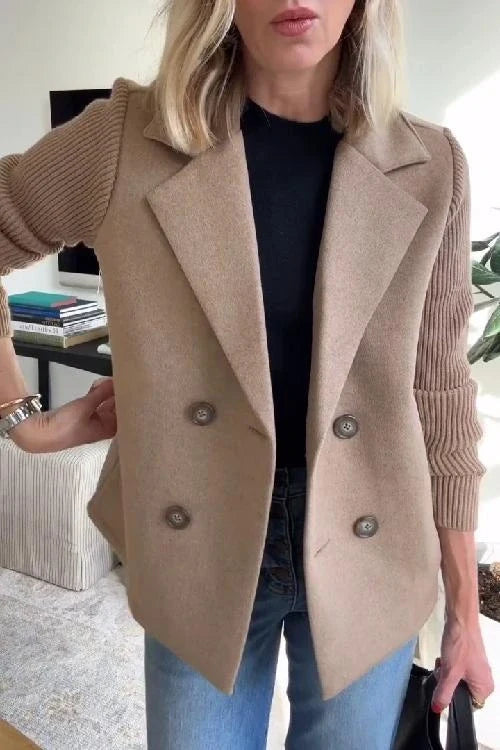 Women's knit double-breasted blazer in camel with structured shoulders and button-front closure