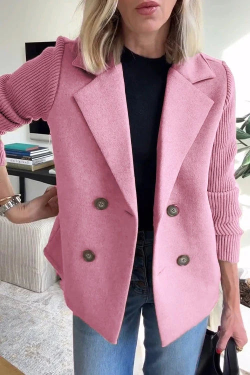 Women's knit blazer showing side pocket and tailored fit