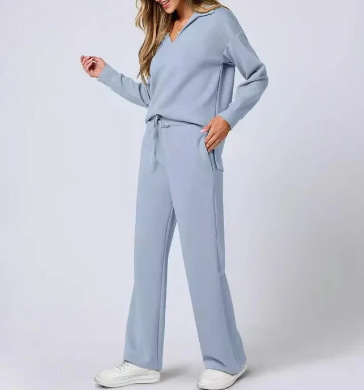 Women's lounge set top showing V-neck design and long sleeves with ribbed cuffs