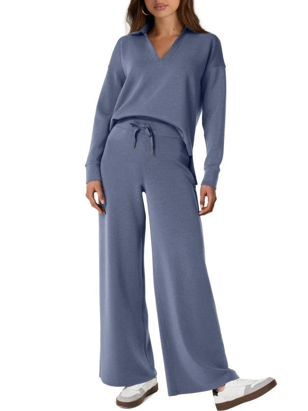 Full outfit view of coordinated lounge set with relaxed top and wide-leg trousers for casual wear