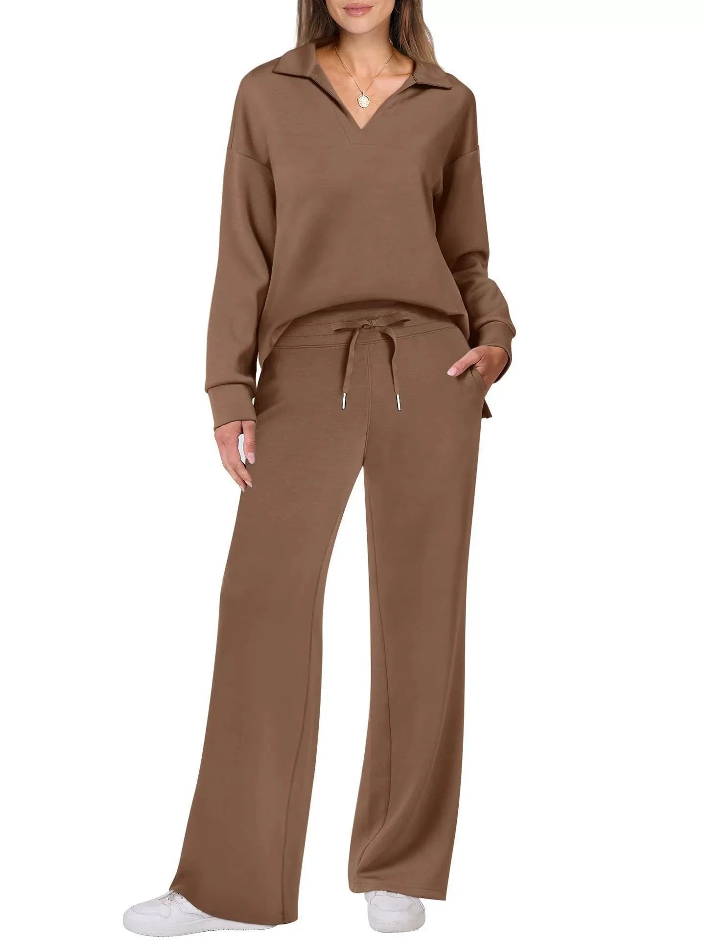 Detail of women's lounge set fabric texture and smooth finish across coordinated two-piece design