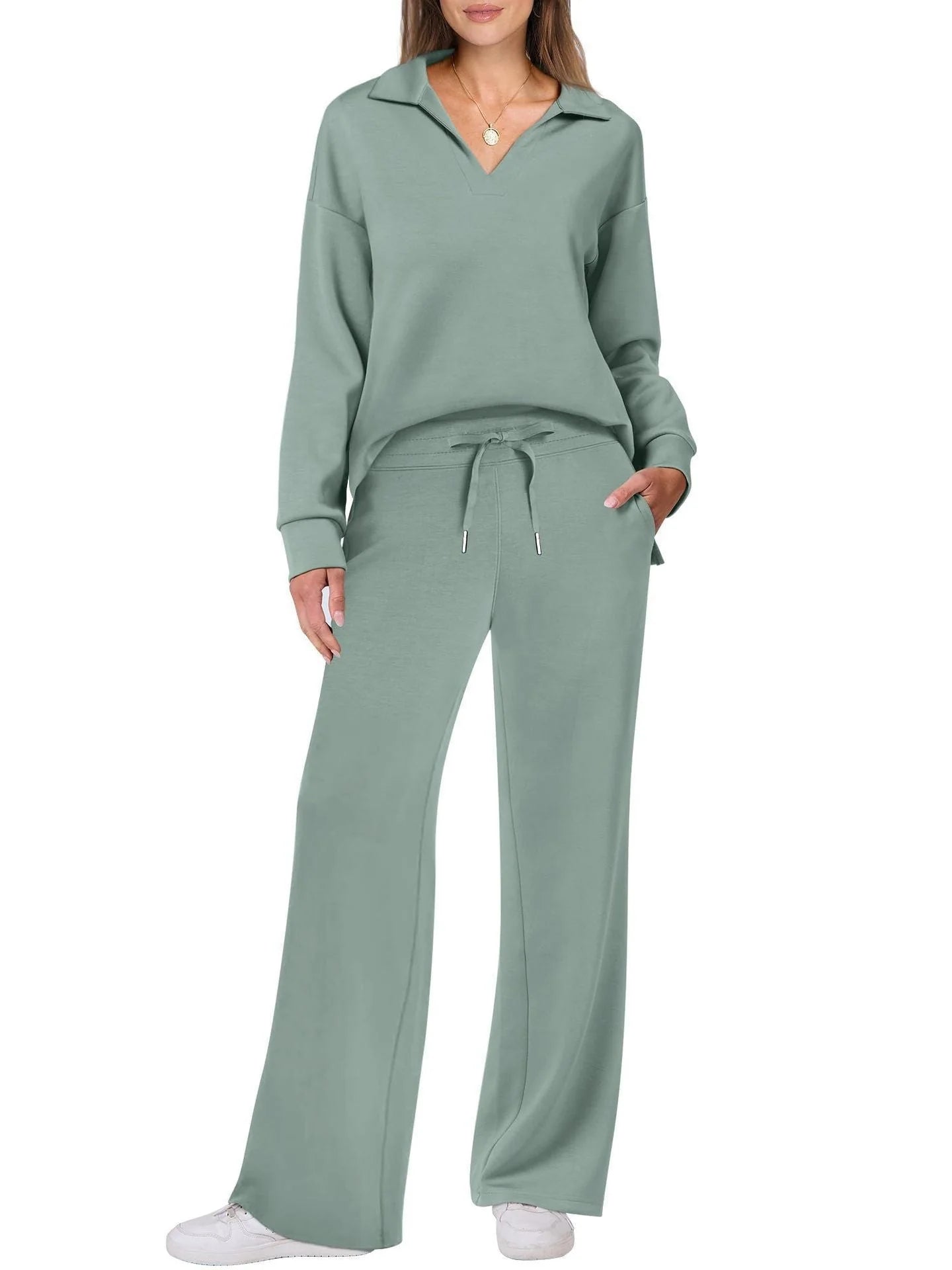 Women's wide-leg lounge trousers showing flowing silhouette and comfortable fit for all-day wear
