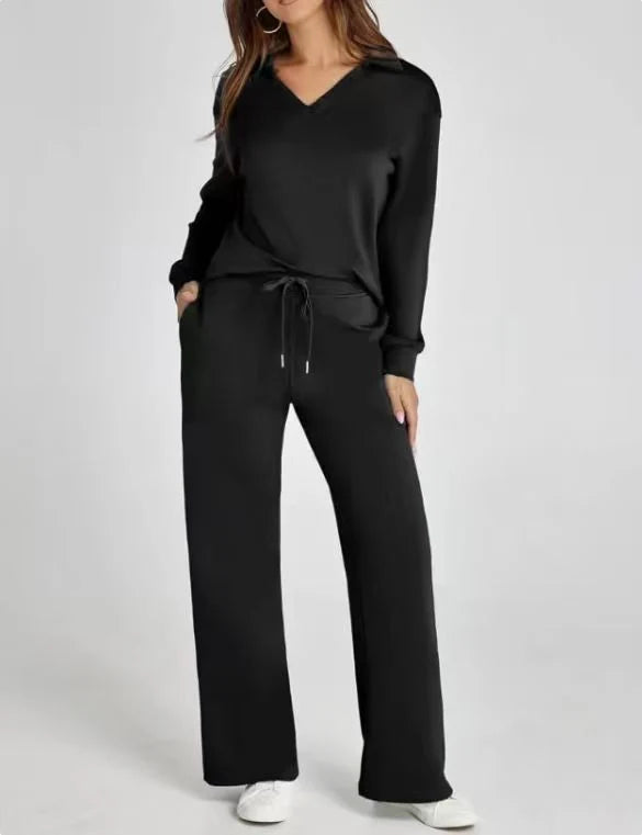 Women's casual lounge set with V-neck top and wide-leg trousers styled for relaxed everyday occasions