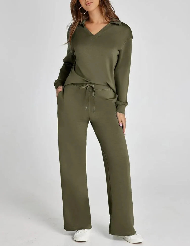 Full-length view of coordinated two-piece lounge set featuring relaxed top and wide-leg trousers