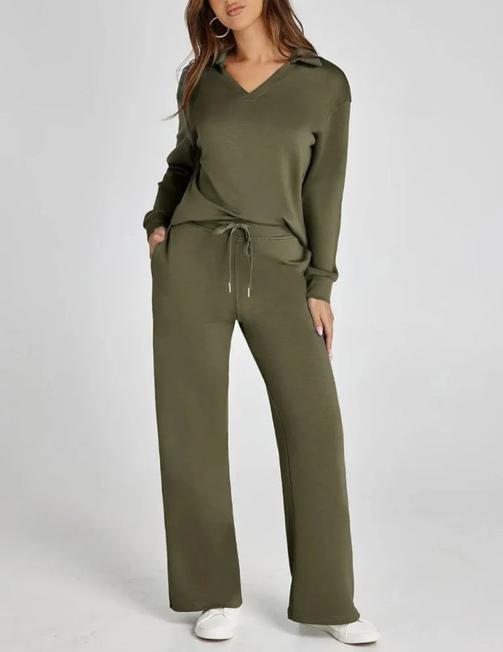Full-length view of coordinated two-piece lounge set featuring relaxed top and wide-leg trousers
