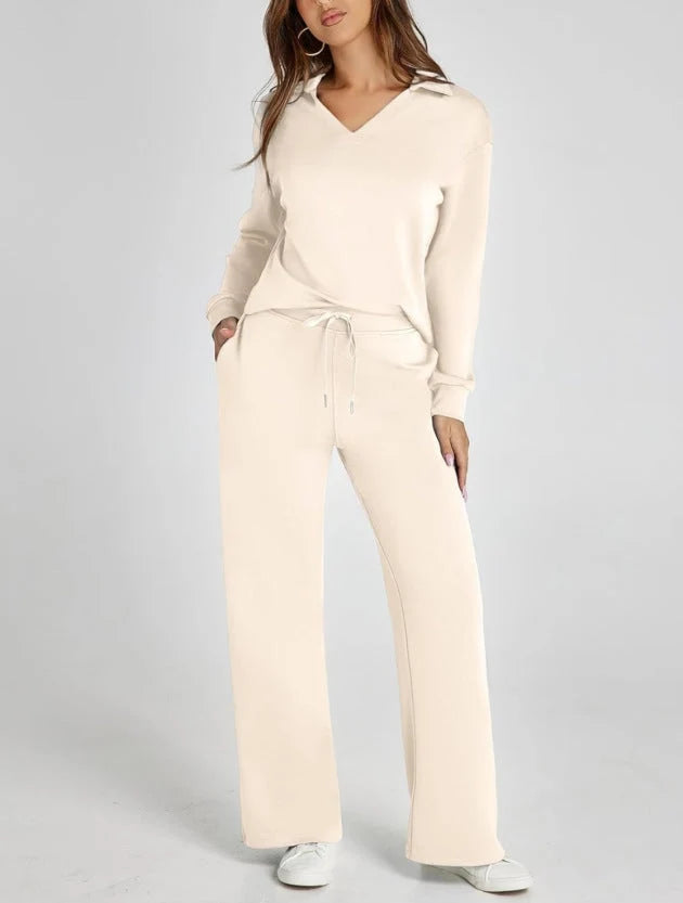 Detail shot of lounge set fabric showing smooth finish and comfortable drape across top and trousers