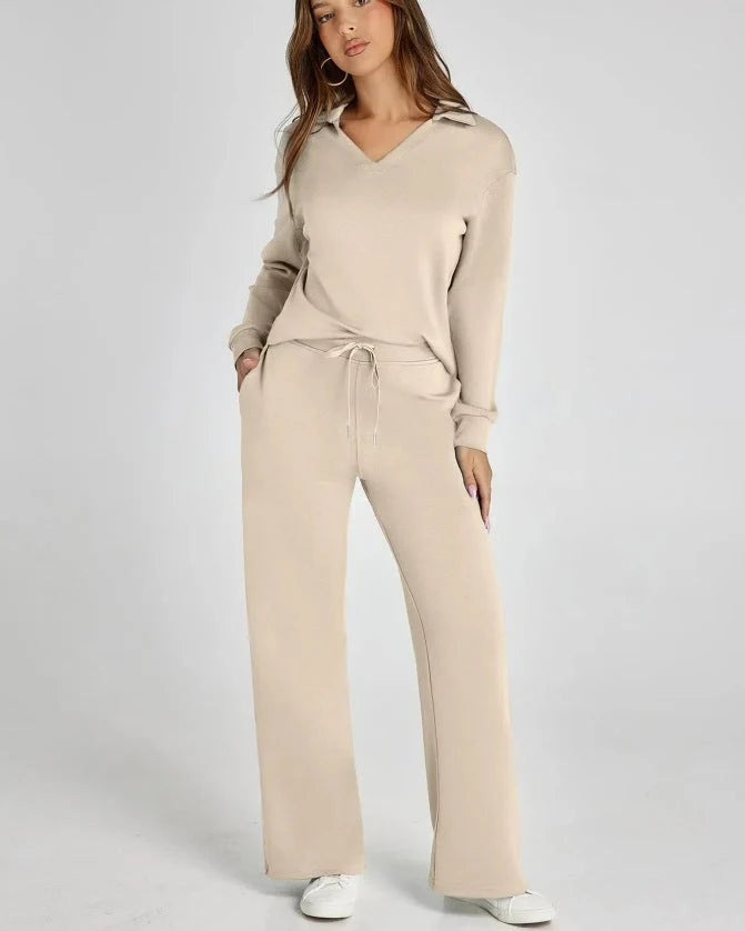 Back view of women's lounge set showing relaxed fit and wide-leg trouser silhouette