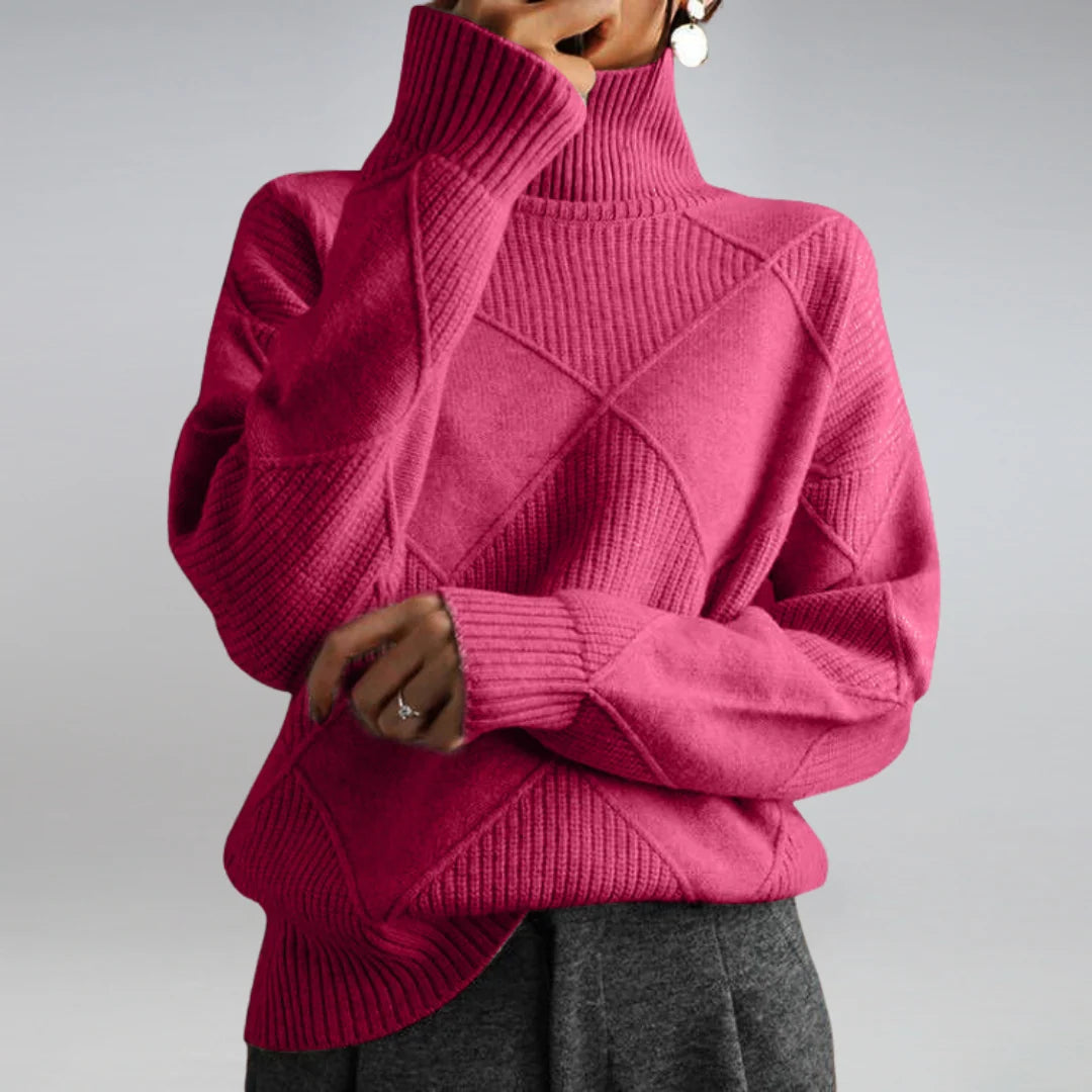 Women's turtleneck jumper showcasing ribbed knit pattern and relaxed silhouette for everyday wear