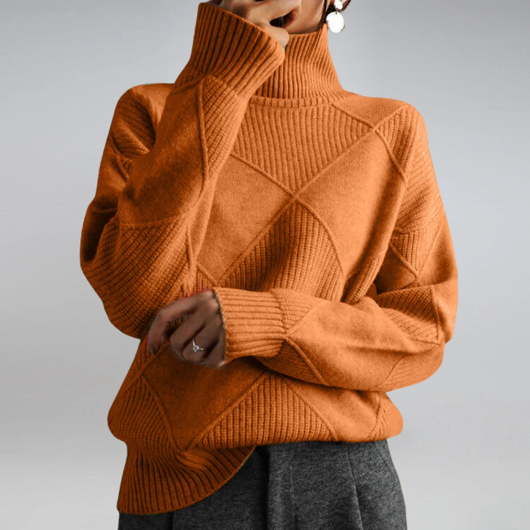 Close-up of women's turtleneck jumper fabric showing fine knit construction and smooth finish