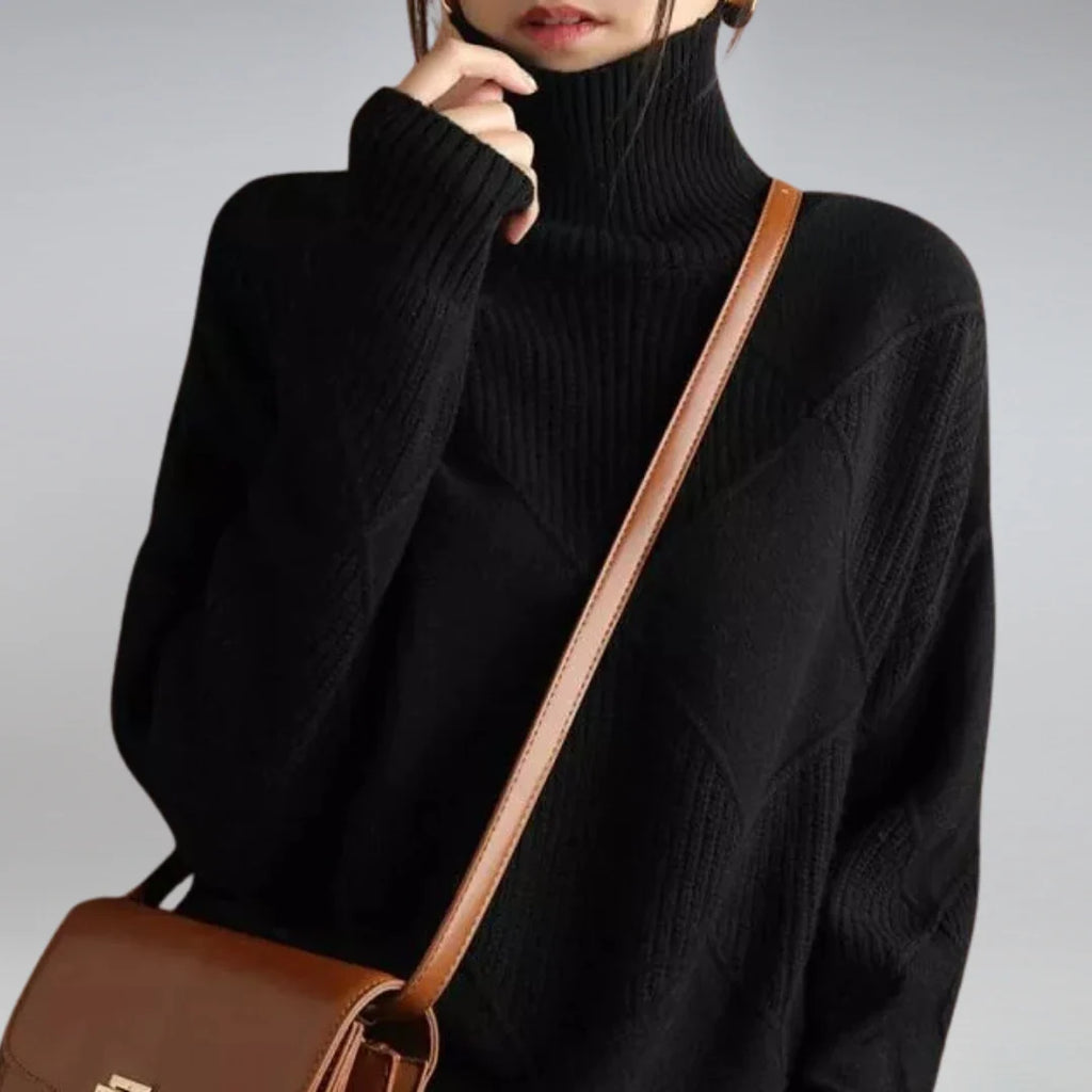 Close-up of women's turtleneck jumper showing high polo neck and soft ribbed knit construction