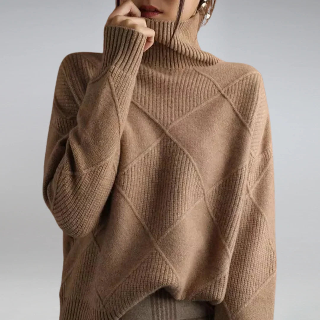 Women's turtleneck jumper in black featuring ribbed cuffs and hem detail with structured knit