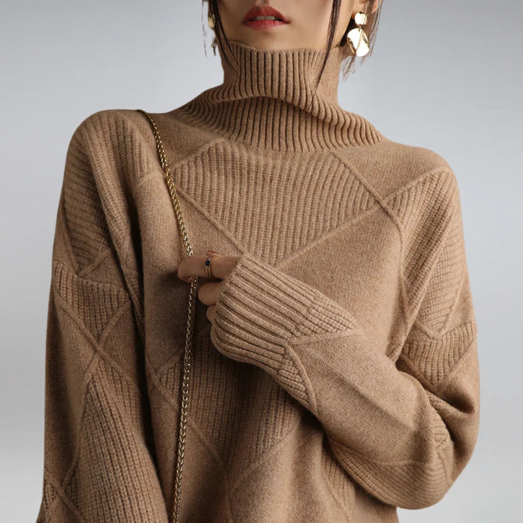 Back view of women's turtleneck jumper showing relaxed fit and ribbed texture throughout