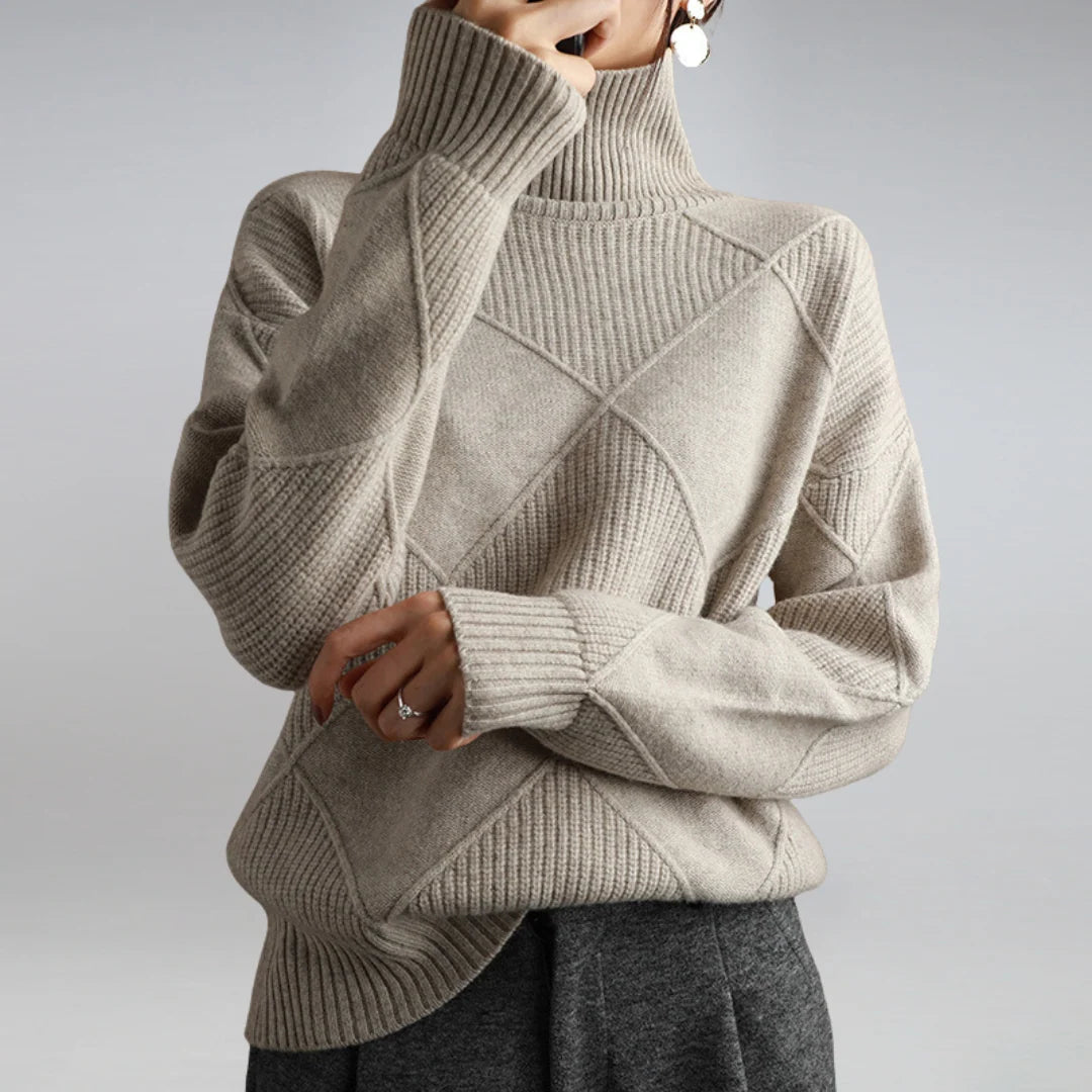 Women's turtleneck jumper styled with casual trousers highlighting versatile everyday design