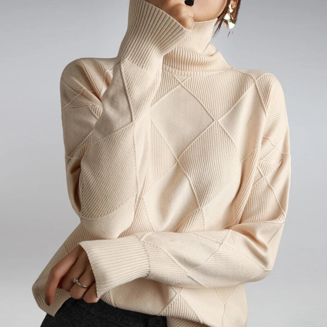 Full-length view of women's turtleneck jumper paired with light trousers for weekend styling