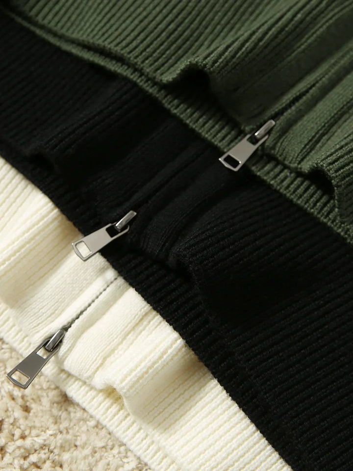 Detail shot of relaxed tailored fit and ribbed knit construction