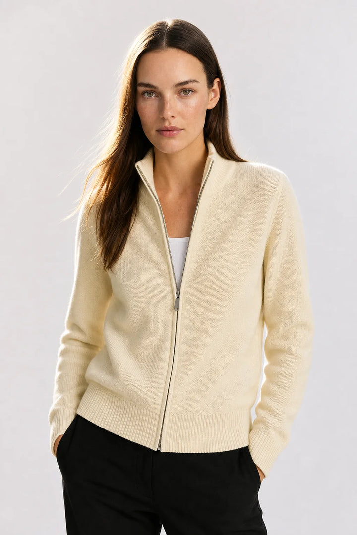Back view showing ribbed hem and structured silhouette of wool cardigan
