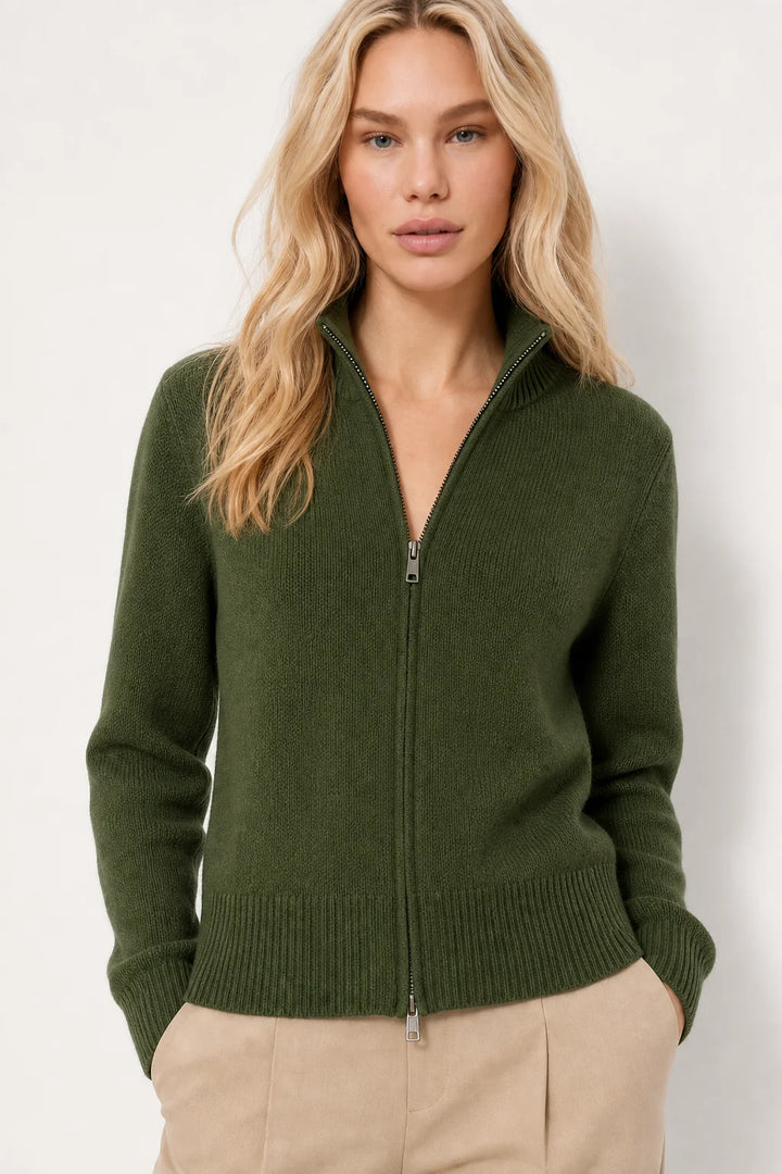 Women's wool zip up cardigan in ivory shade with double-zip feature