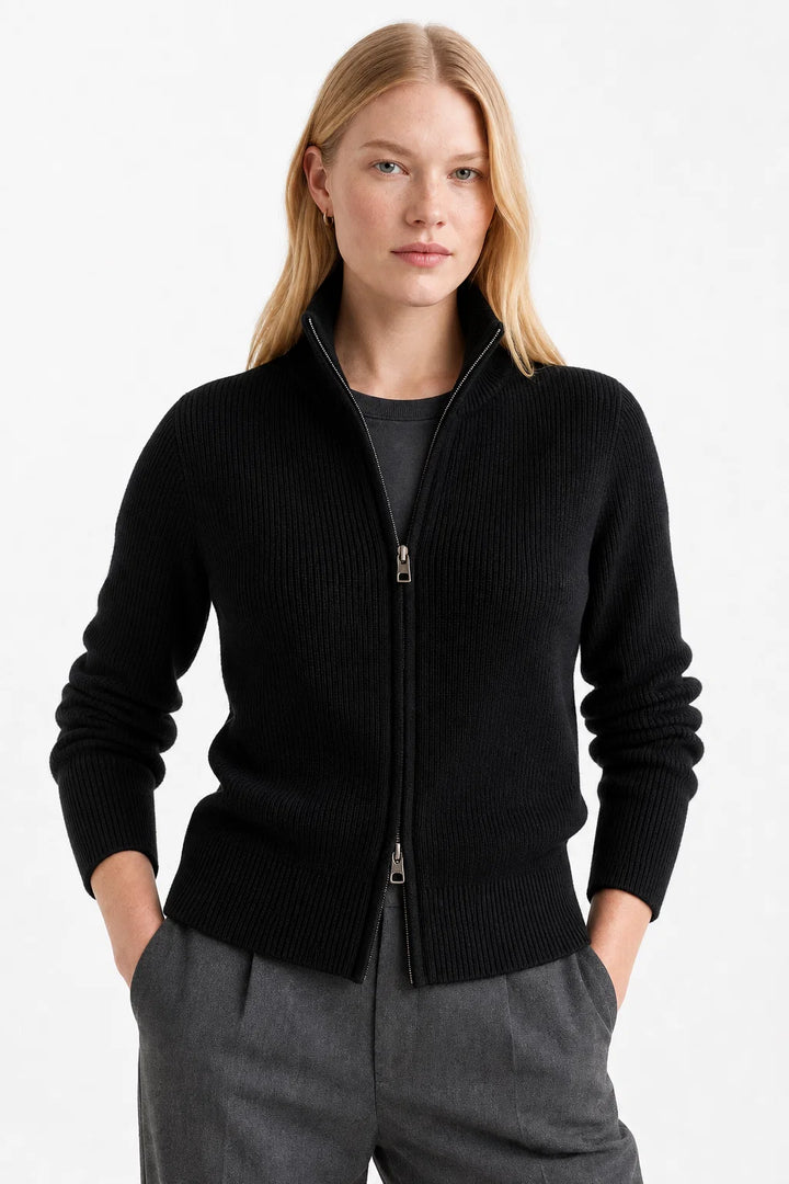 Black wool zip up cardigan with standing collar and ribbed cuffs