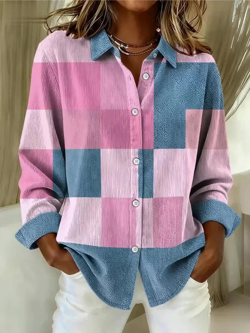 Women's colour block knitted shirt in pastel pink, lilac, and teal blue with relaxed fit and classic collar