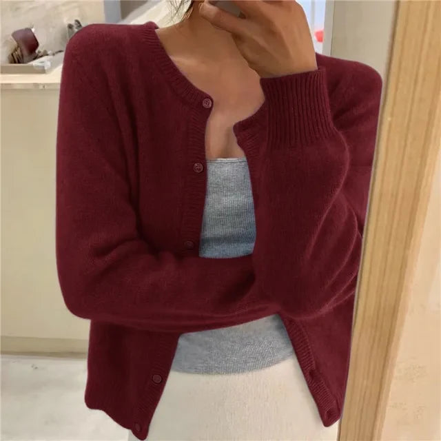 Women's button-front cardigan in grey knit fabric with soft brushed texture
