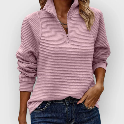 Women's half-zip ribbed jumper in lilac with textured knit and quarter-zip collar detail