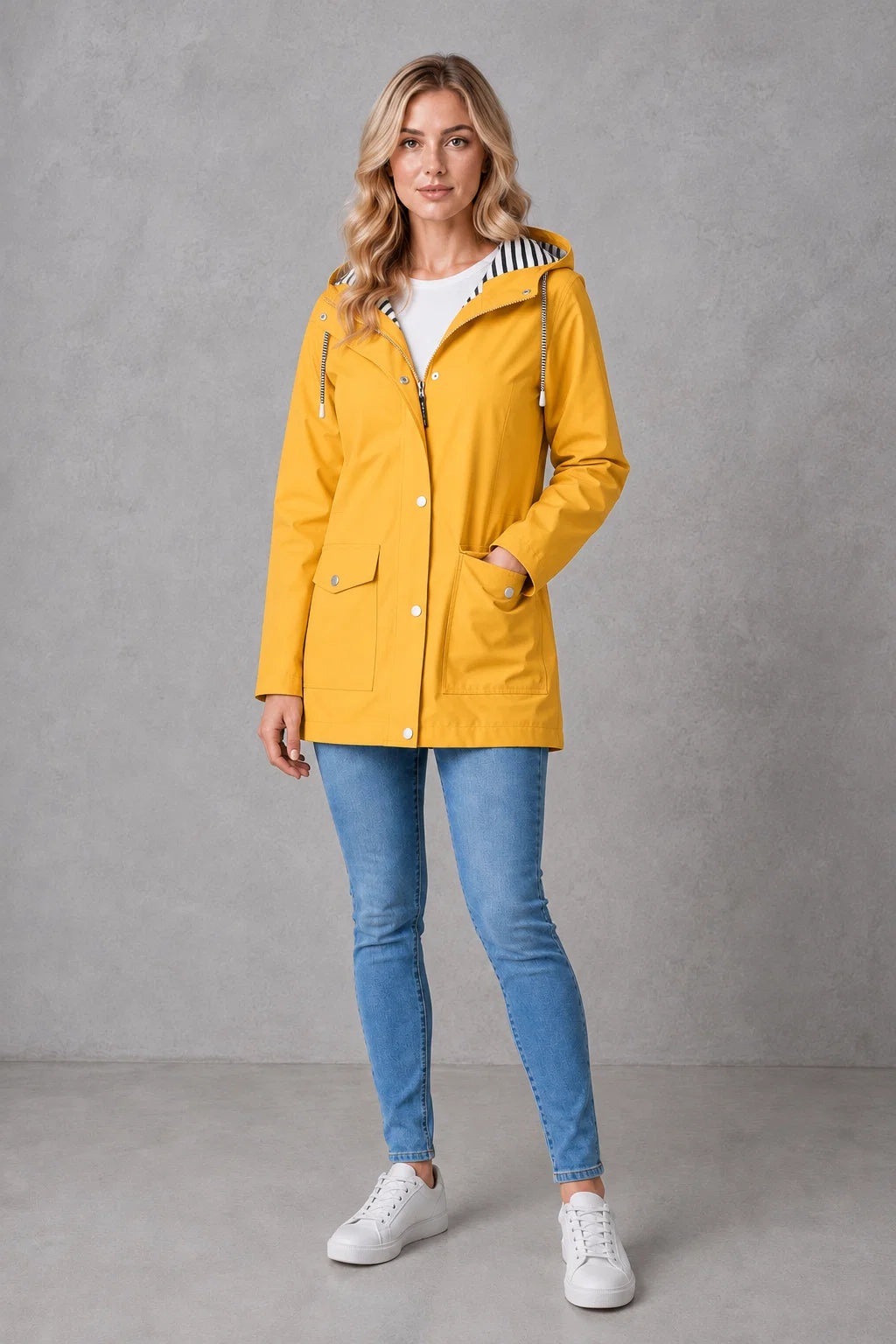 Hooded raincoat in yellow showing snap-button details and practical patch pockets for everyday wear
