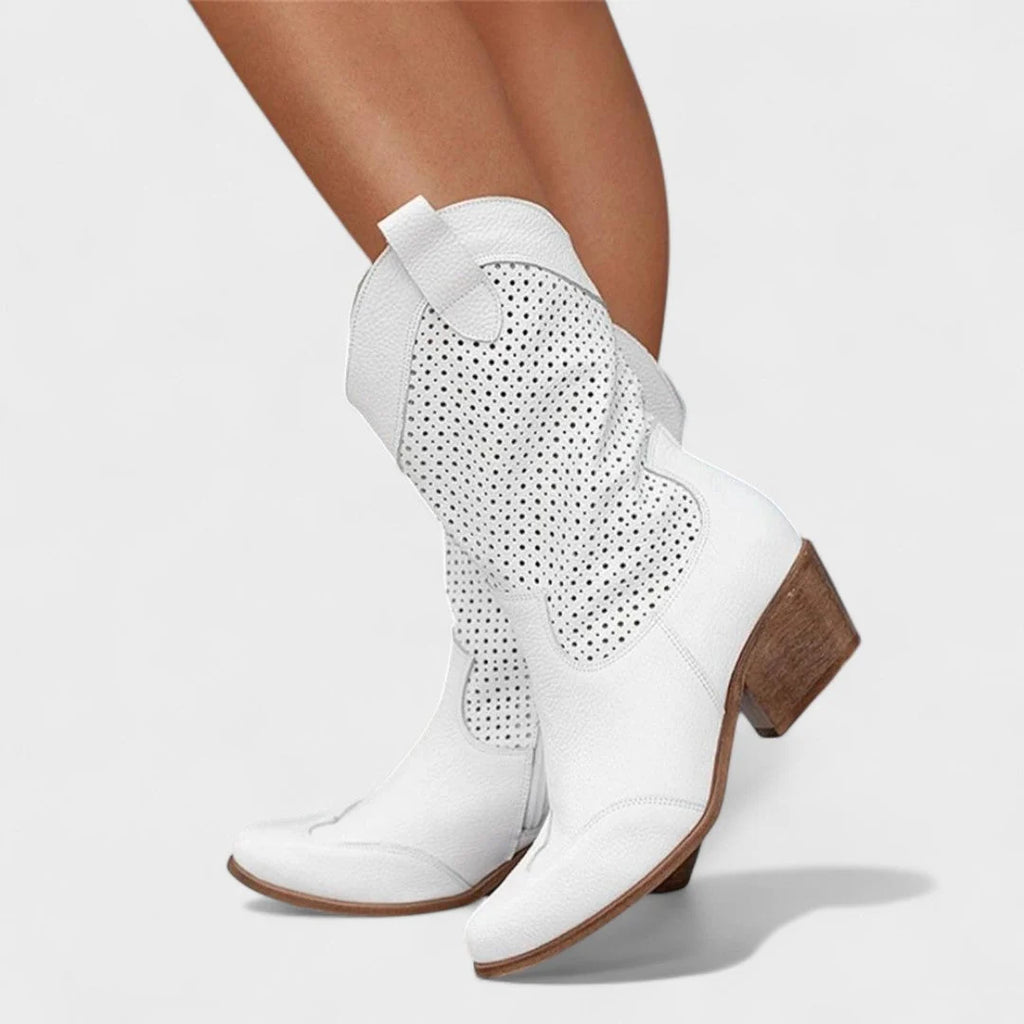 Side profile of women's Western boots with dual pull tabs and rounded toe design.