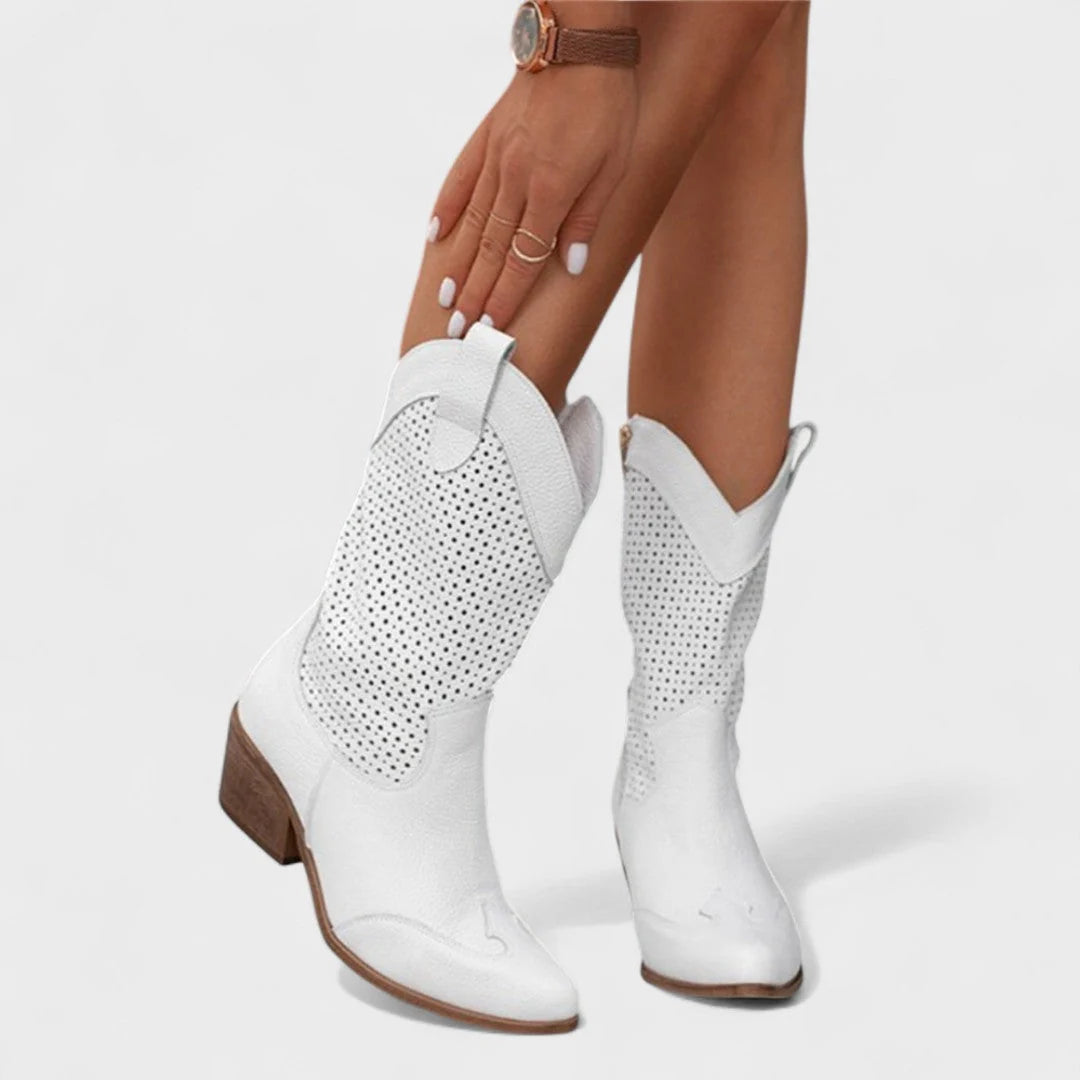 Detail shot of perforated pattern on women's cowboy boots with block heel construction.