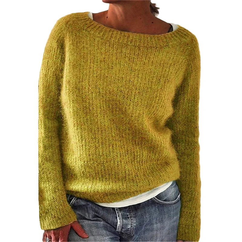 Back view of women's boat neck jumper with relaxed loose fit silhouette