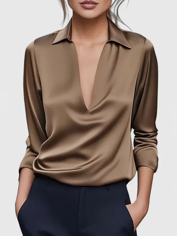 Women's black satin blouse with collar and deep V-neck for evening occasions